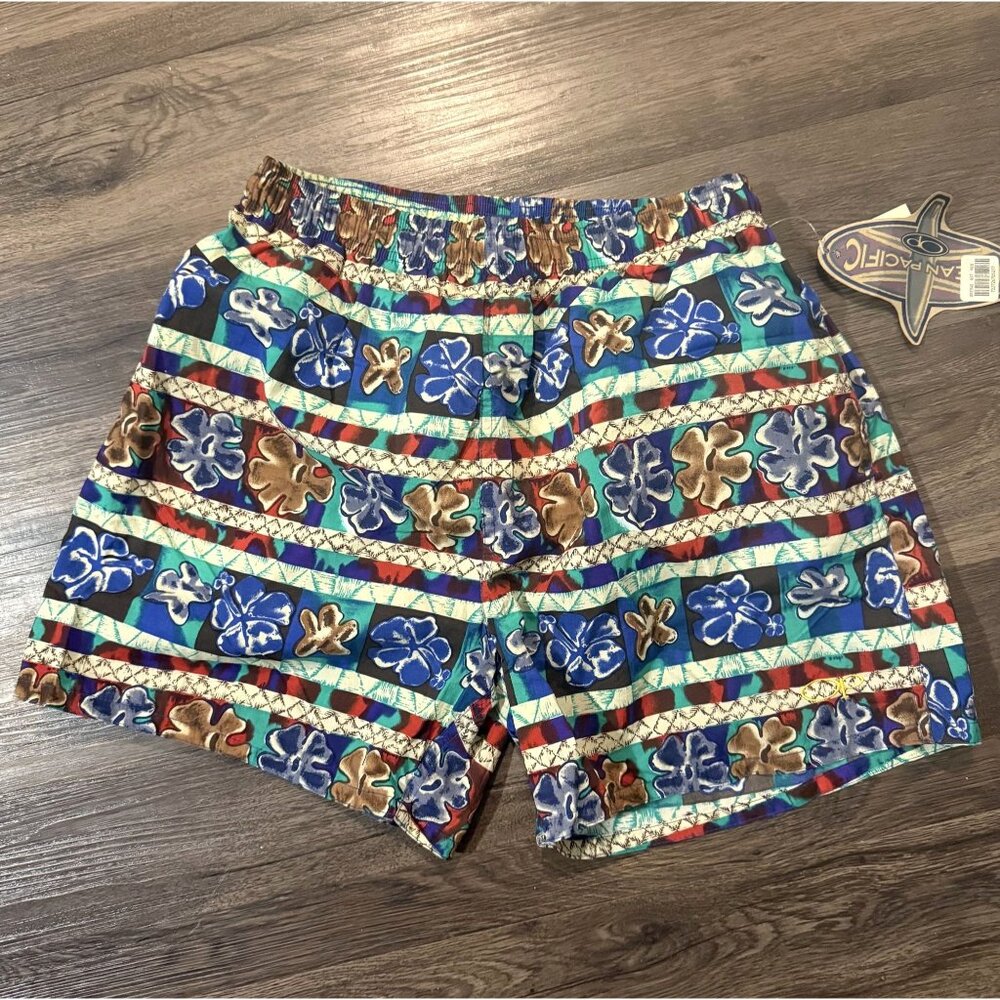 Vintage New Ocean Pacific OP Blue Floral Swim‎ Shorts size Medium Retro